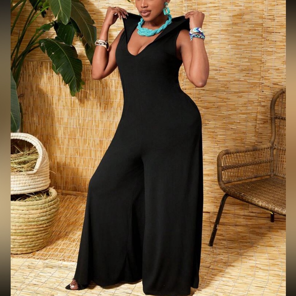 Boho Sleeveless Hooded Hood Wide Leg Palazzo Pants Jumpsuit Black - Picture 6 of 6